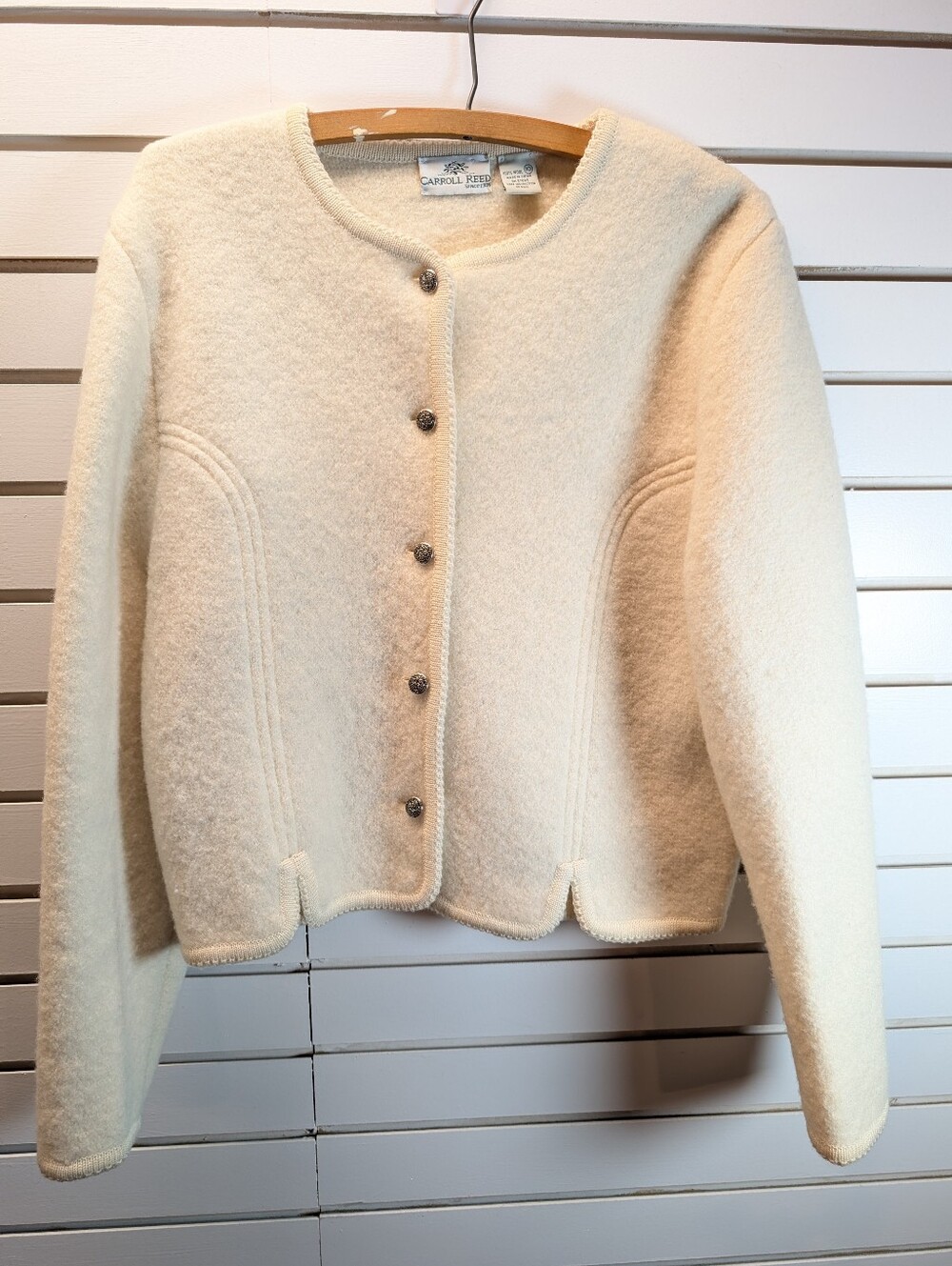 VTG Carroll Reed Boiled Wool Ivory Cardigan Jacket Size 10 EUC